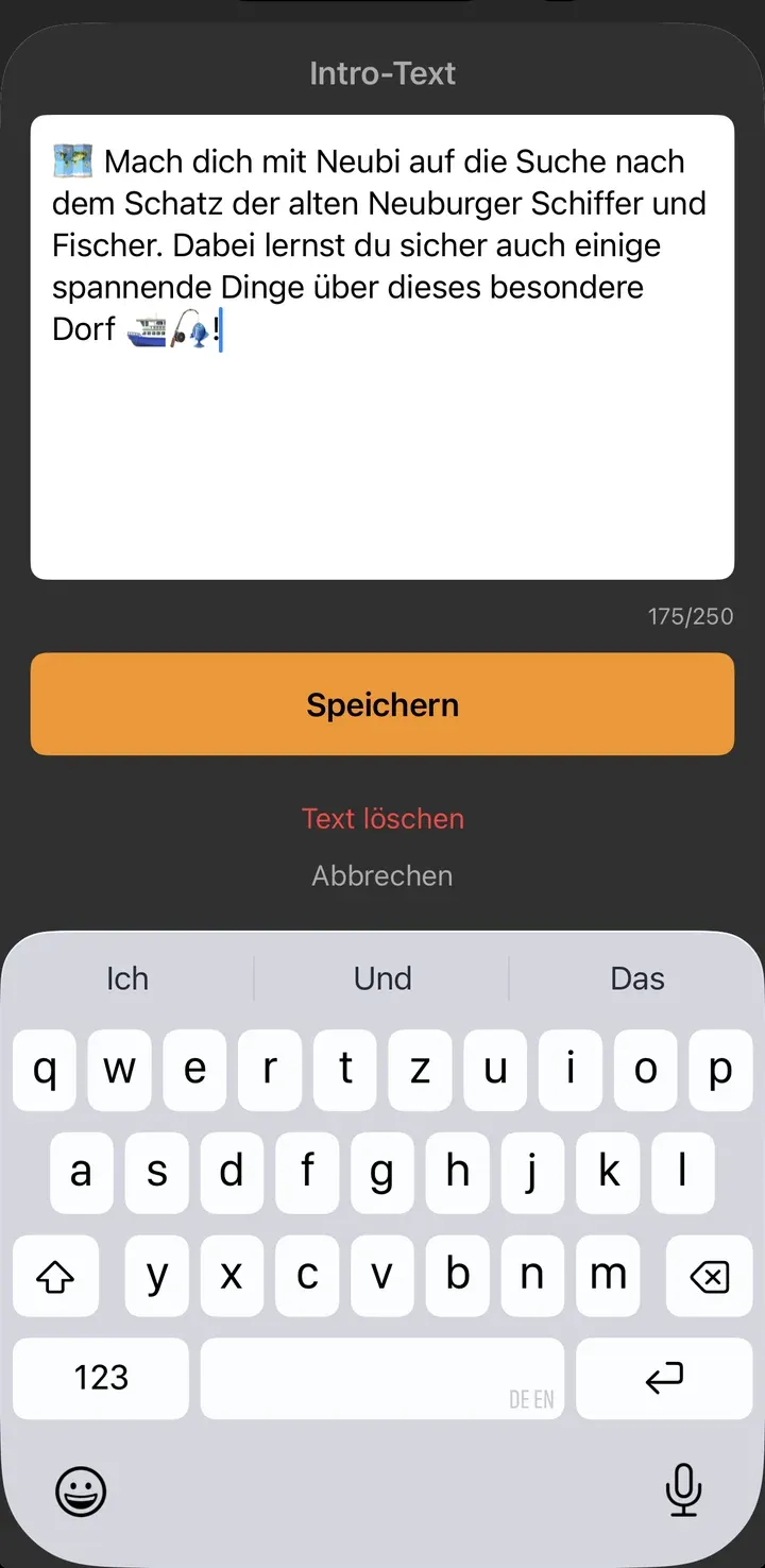 Dialog „Intro-Text“ mit einer Geschichte über die Suche nach dem Schatz der Neuburger Schiffer und Fischer, 175 von 250 Zeichen