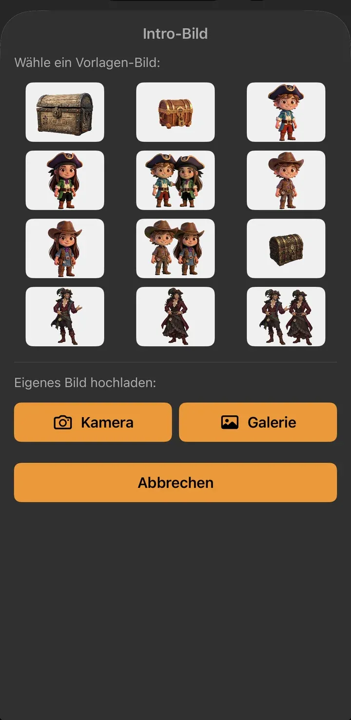 Auswahl des Intro-Bildes: zwölf Vorlagen sowie die Buttons Kamera und Galerie für ein eigenes Bild