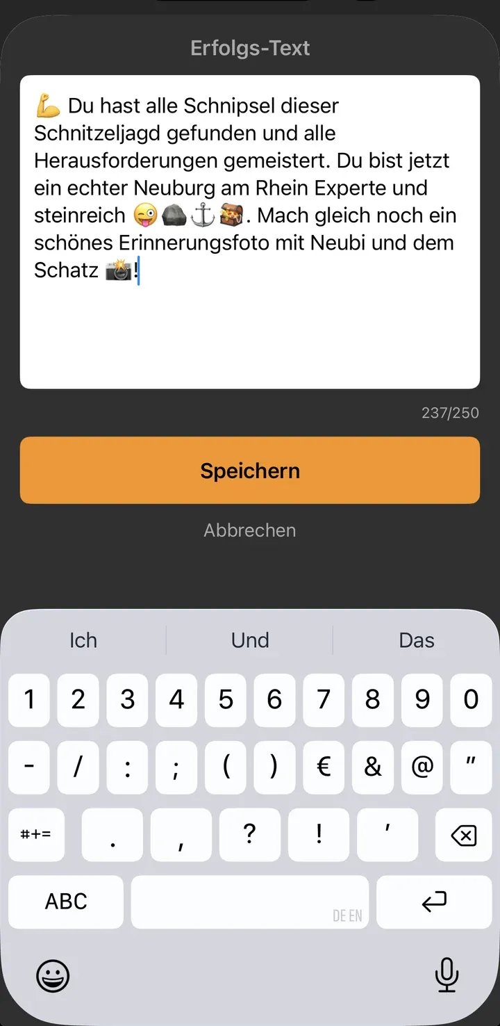 Dialog „Erfolgs-Text“ mit einem längeren Gratulationstext zum Abschluss der Jagd