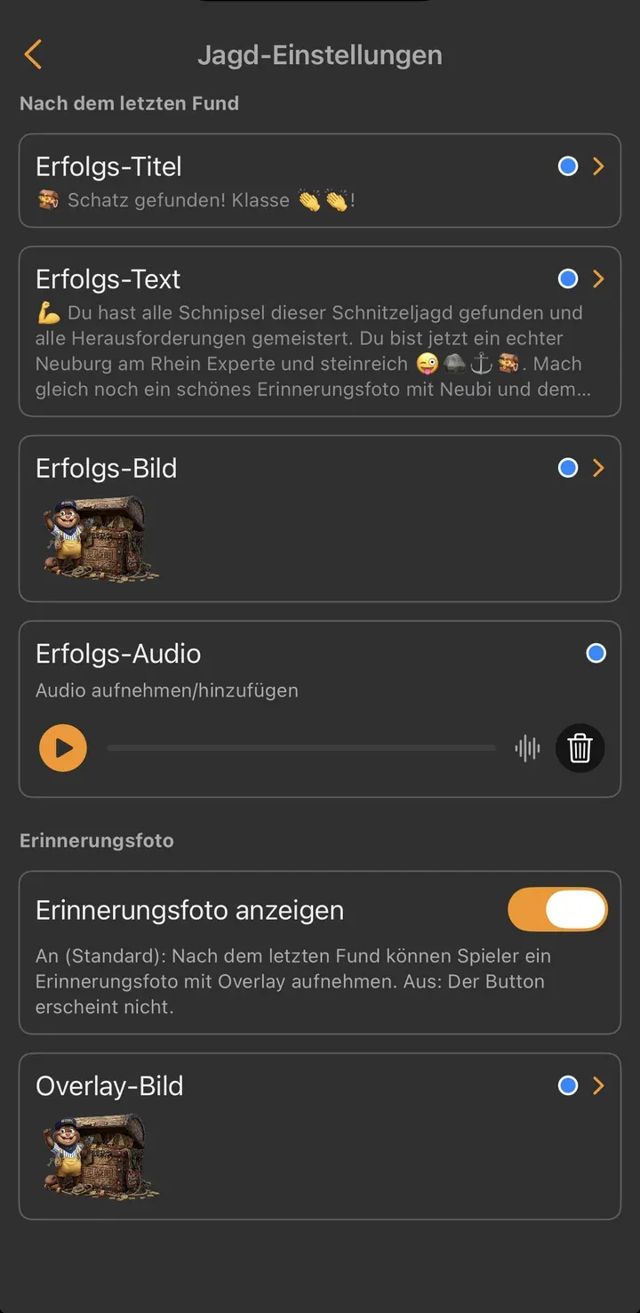 Jagd-Einstellungen: Schalter „Erinnerungsfoto anzeigen“ an, Overlay-Bild auf das eigene Maskottchen gesetzt