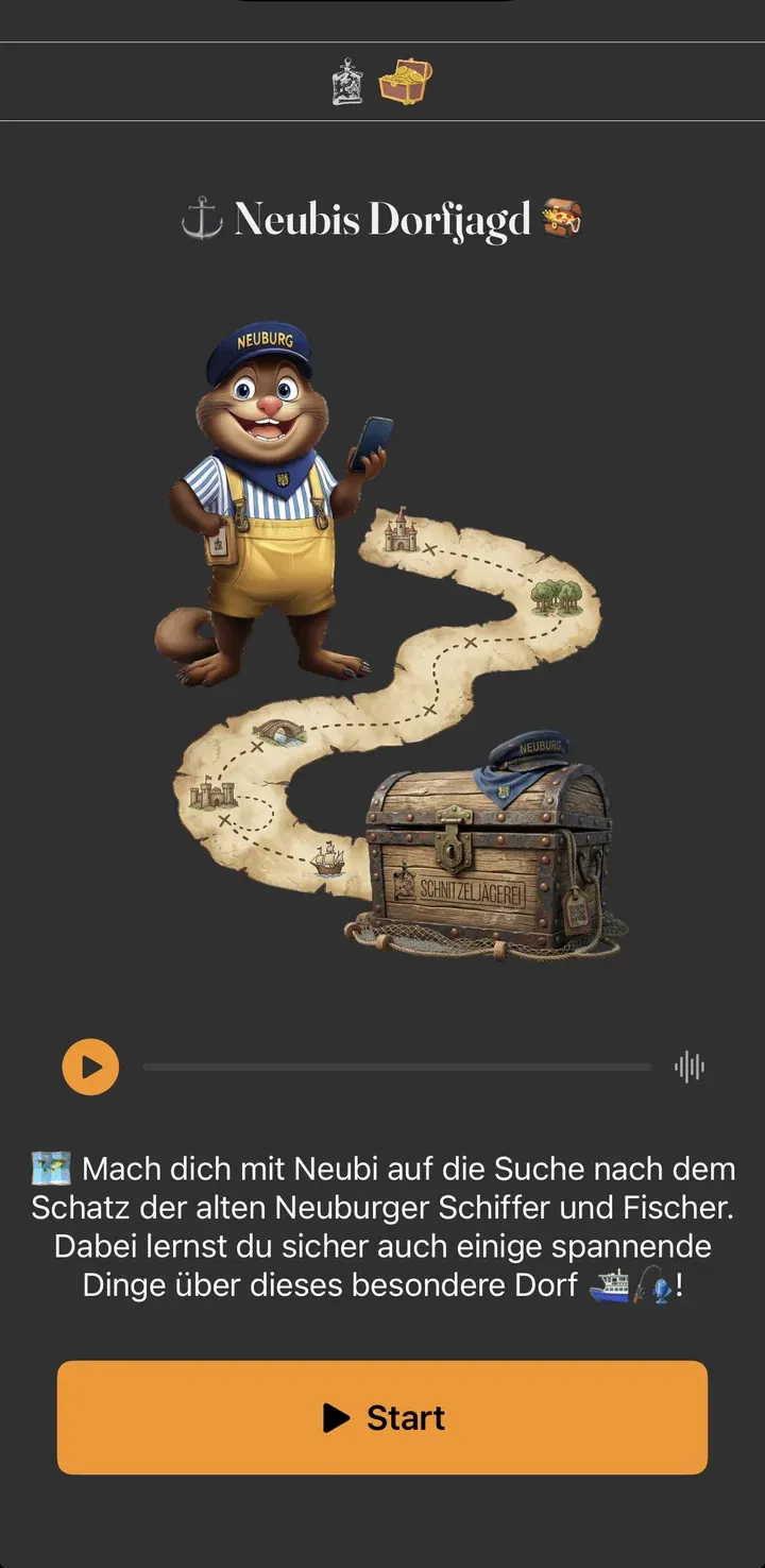 Intro-Screen im Spiel: Titel „Neubis Dorfjagd“, Maskottchen Neubi vor einer Schatzkarte, Tonaufnahme, Text und Start-Button