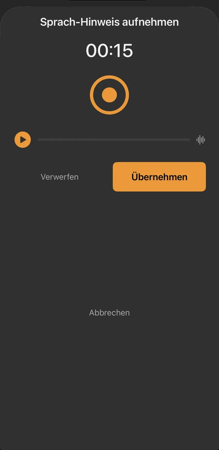 Aufnahme-Dialog mit Zähler 00:15, rotem Stopp-Button und den Optionen Verwerfen/Übernehmen