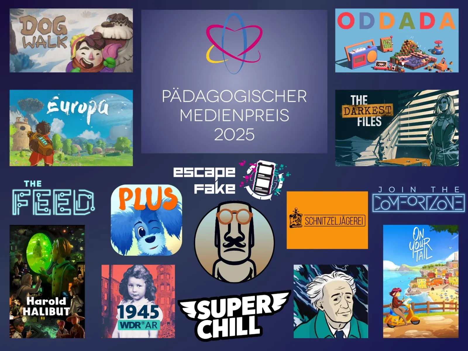 Collage aller fünfzehn 2025 mit dem Pädagogischen Medienpreis ausgezeichneten Apps, Games und Online-Angebote — Schnitzeljägerei mit Logo prominent in der Mitte