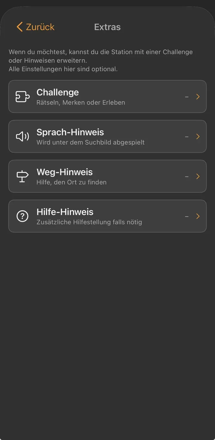 Extras-Ansicht mit Challenge, Sprach-Hinweis, Weg-Hinweis und Hilfe-Hinweis