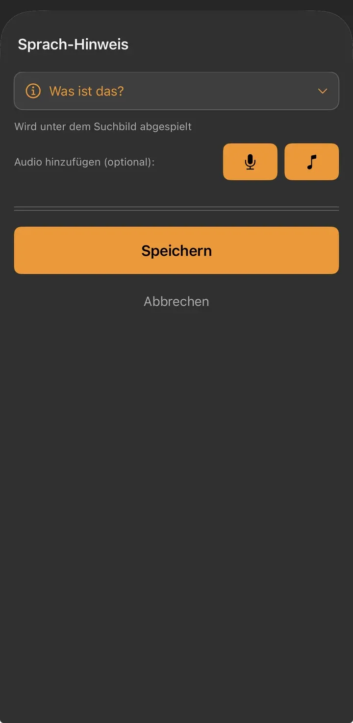 Dialog „Sprach-Hinweis“ mit einem Mikrofon-Button und einem Noten-Button