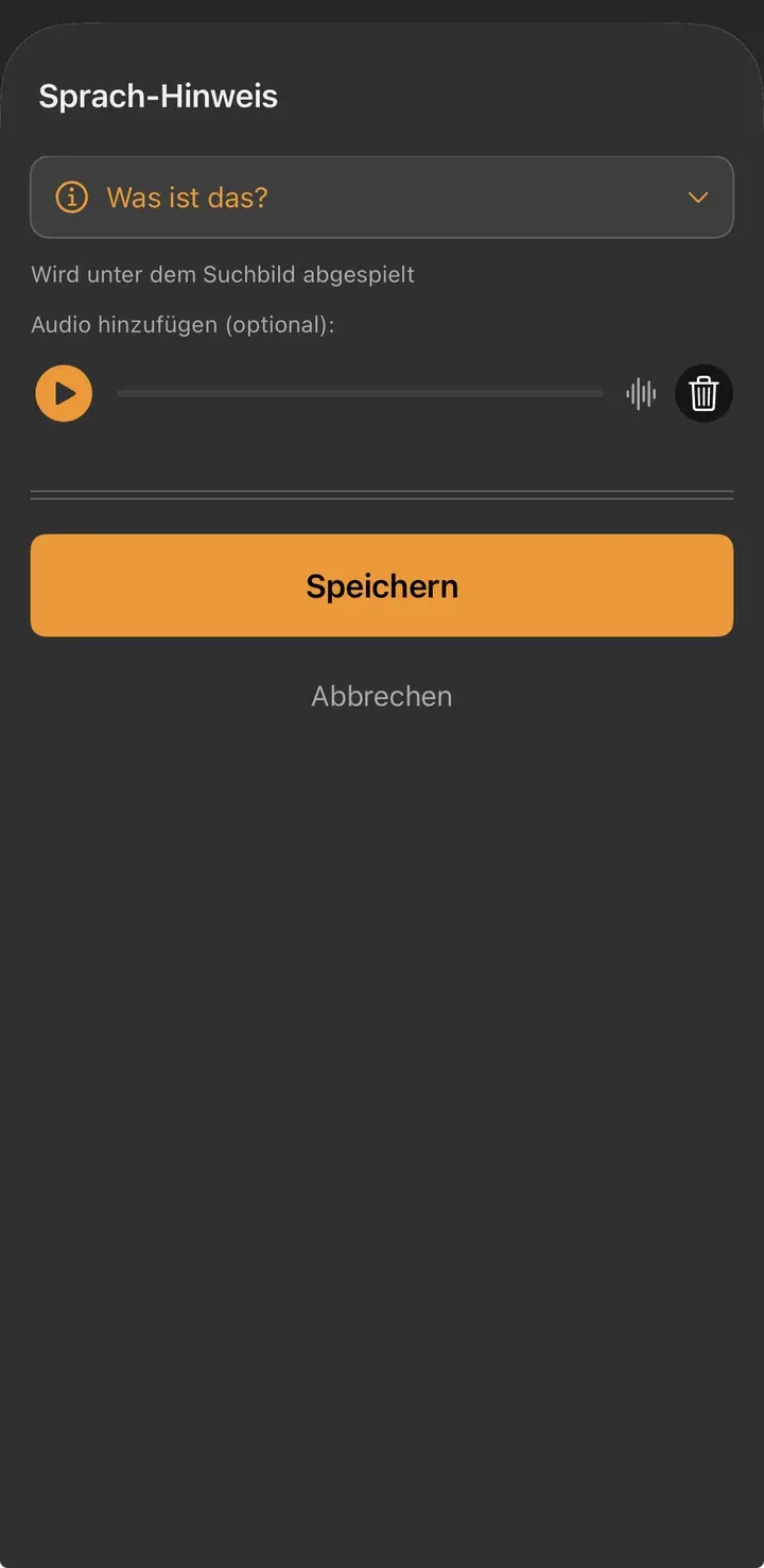 Fertige Aufnahme mit Abspiel-Button und Papierkorb, darunter Speichern