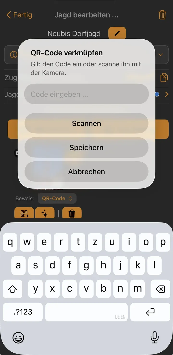 Dialog „QR-Code verknüpfen“: Code eingeben oder mit der Kamera scannen, Buttons Scannen, Speichern, Abbrechen