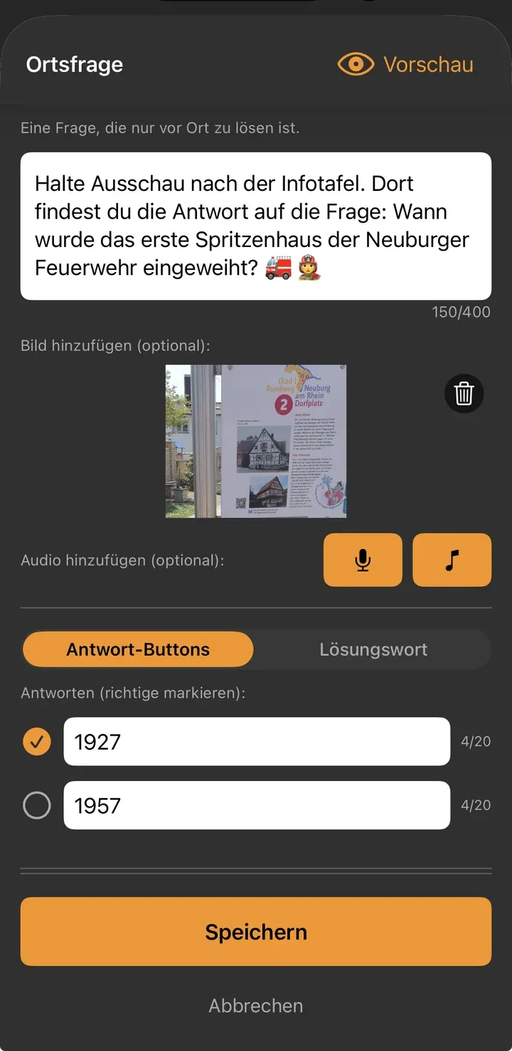 Ortsfrage-Editor mit ausgefüllter Frage zum Spritzenhaus der Neuburger Feuerwehr, Foto der Infotafel und zwei Antwort-Buttons, 1927 als richtig markiert