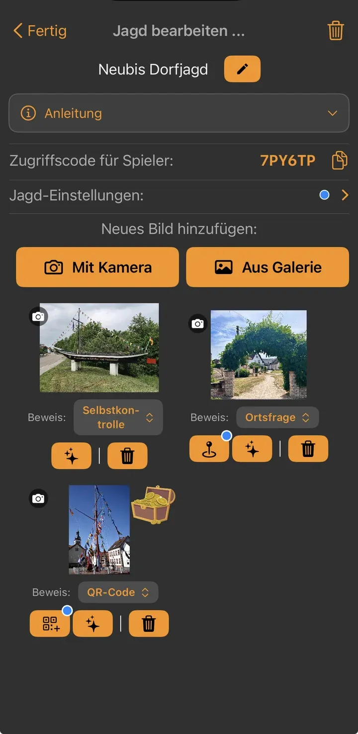Drei Stationen in der Übersicht: Selbstkontrolle, Ortsfrage und QR-Code nebeneinander, Selbstkontrolle ohne zusätzlichen Verknüpfen-Button