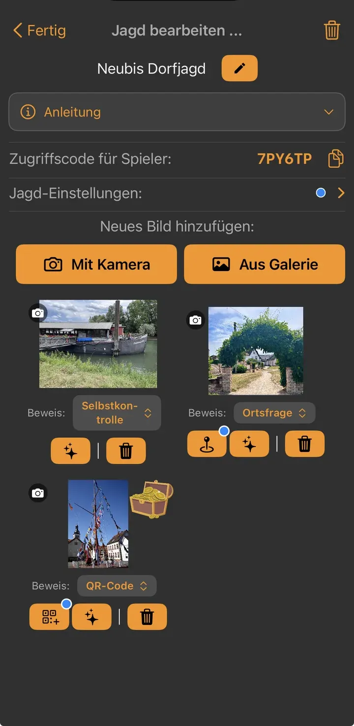 Jagd bearbeiten: drei Stationen mit Suchbild, jede mit eigener Beweis-Zeile — Selbstkontrolle, Ortsfrage und QR-Code