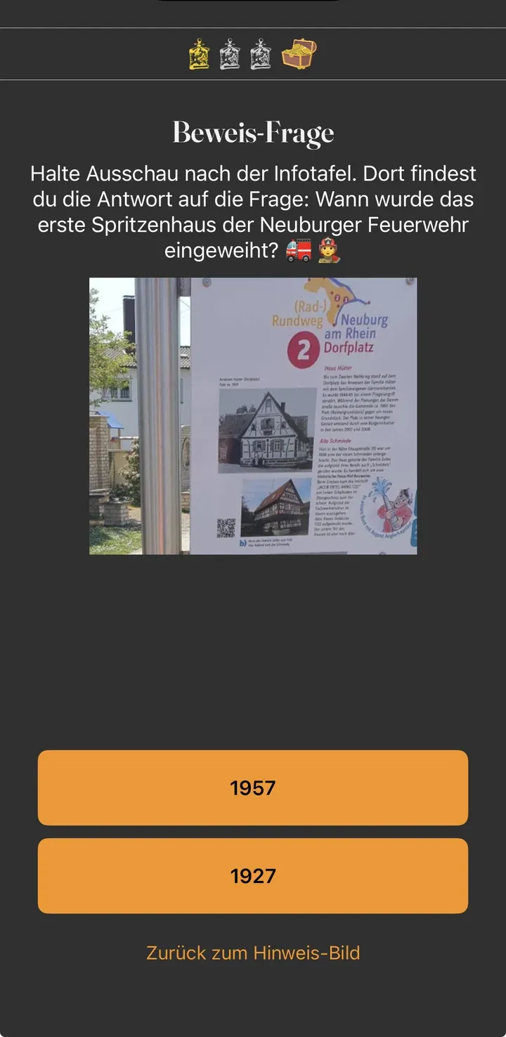 Beweis-Frage im Spiel: Frage zum Spritzenhaus, Foto der Infotafel und zwei Antwort-Buttons