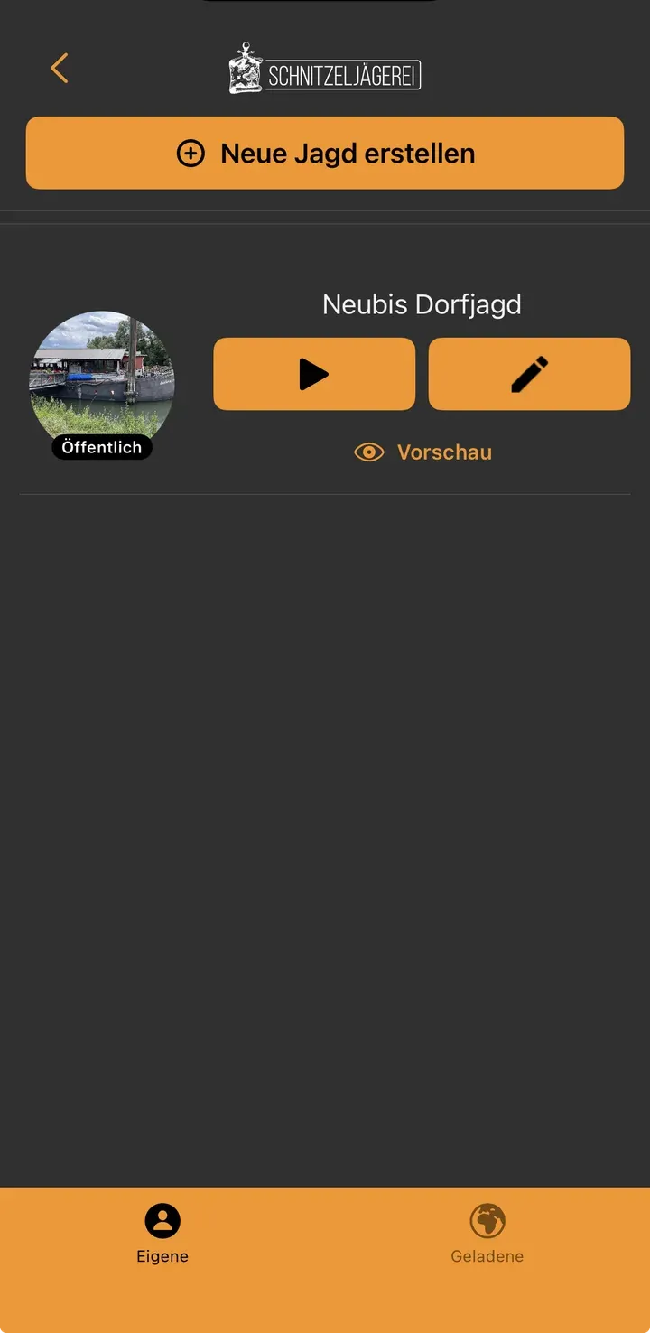 Eigene Jagden: „Neubis Dorfjagd“ mit Play- und Bearbeiten-Button, darunter der Link Vorschau