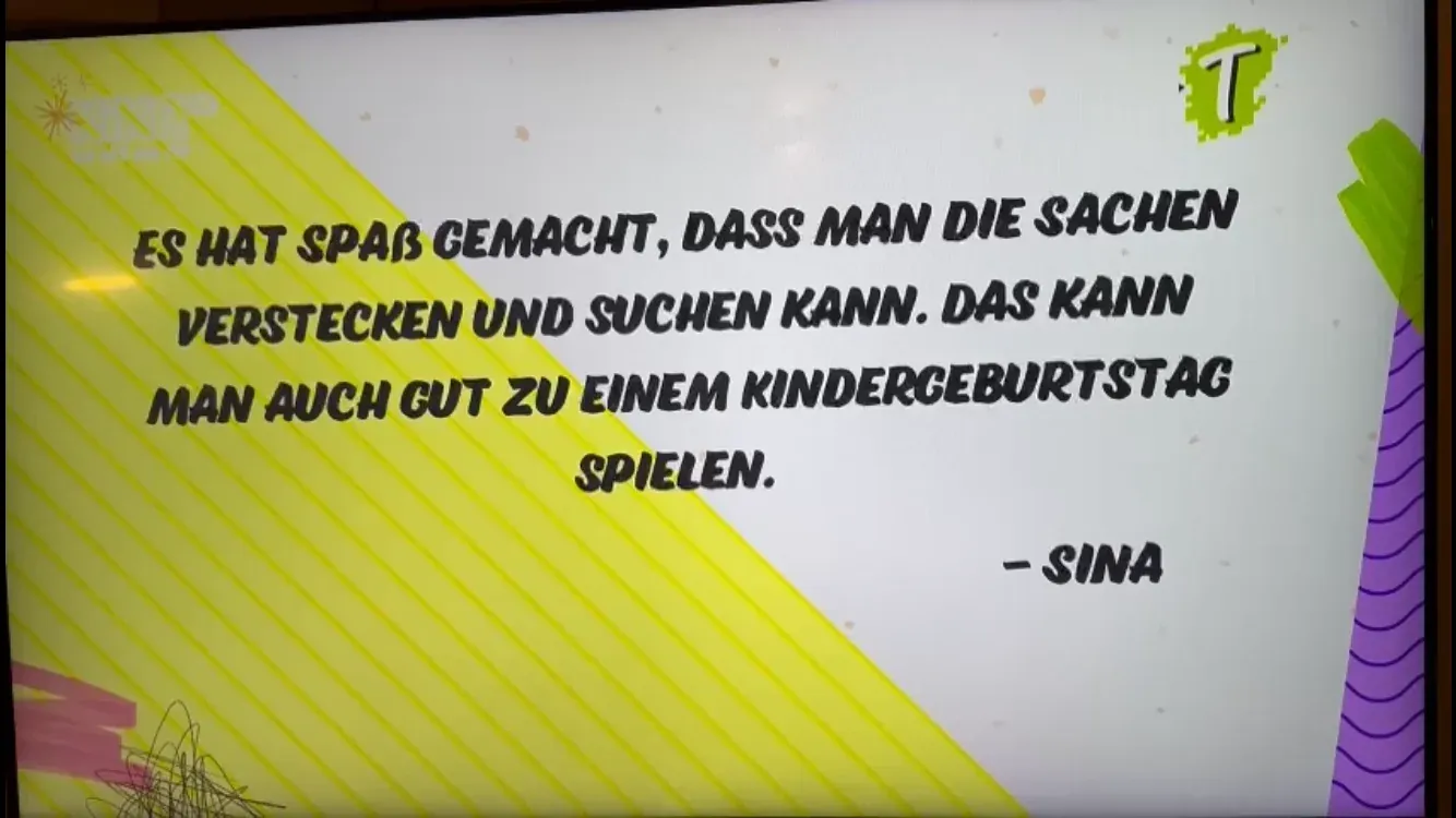 Standbild aus KiKA Team Timster — eingeblendetes Zitat von Sina aus der Kinderjury