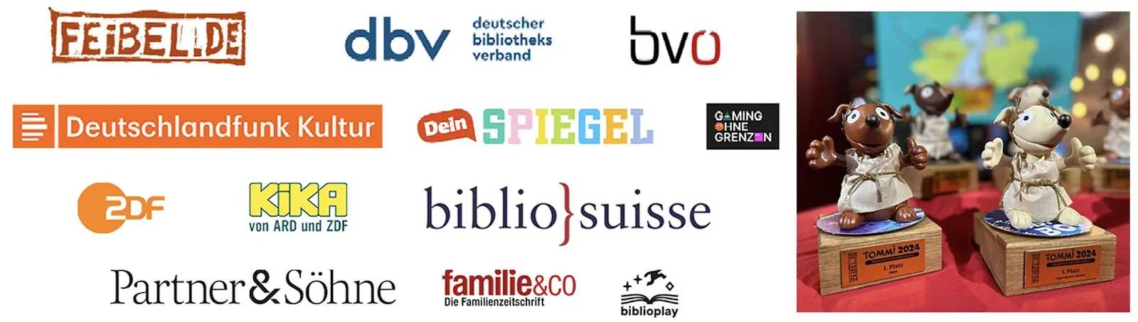 Herausgeber und Partner des Deutschen Kindersoftwarepreises TOMMI 2024 — Logos von FEIBEL.DE, dbv, bvo, Deutschlandfunk Kultur, Dein Spiegel, ZDF, KiKA, biblio suisse, Partner & Söhne, familie & co und biblioplay